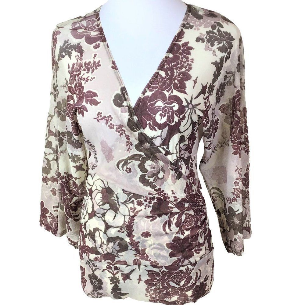 Karen Kane Top Size Large Brown Floral Semi Sheer